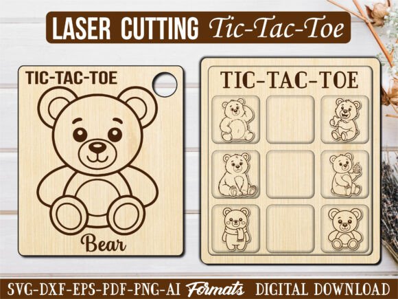 Cute Bear Animal Tic Tac Toe Puzzle Game: Playful Graphics for Laser Engraving Branding
