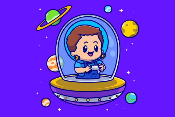 Cute Boy Astronaut Playing Game in UFO – A Versatile Graphic for Illustrations & Digital Products