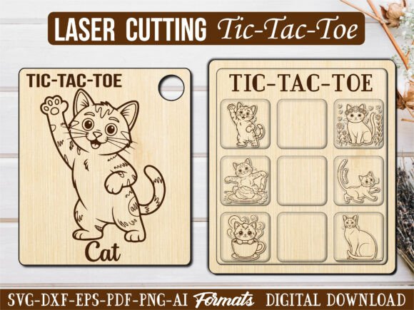 Cute Kitten Cat Tic Tac Toe Puzzle Game: A Playful Graphics Design for Laser Engraving