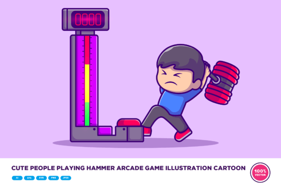 Cute People Playing Hammer Arcade Game: A Playful Graphic for Local Business Branding
